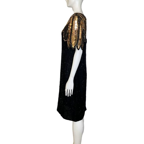 Vintage 80s 100% Silk Beaded Sequin Black Gold Cocktail Dress M/L Deco Flapper - Picture 4 of 15